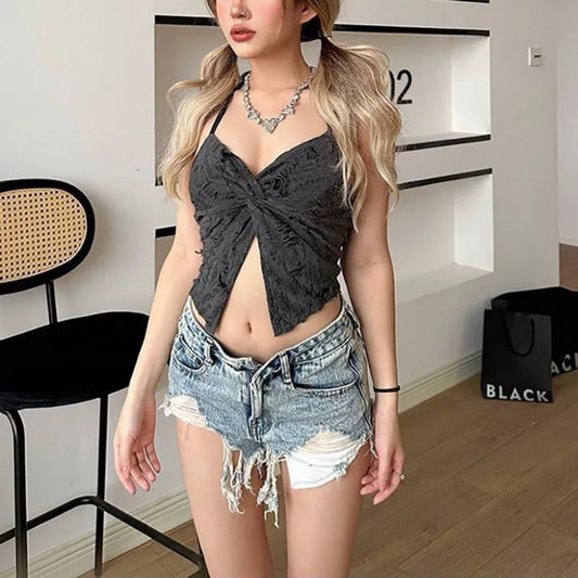 Sweet Spicy Girl Style Halter Top Backless V-neck Corset Crop Top Grey Pink Cami Women Summer Y2K Clothes New in 2026
