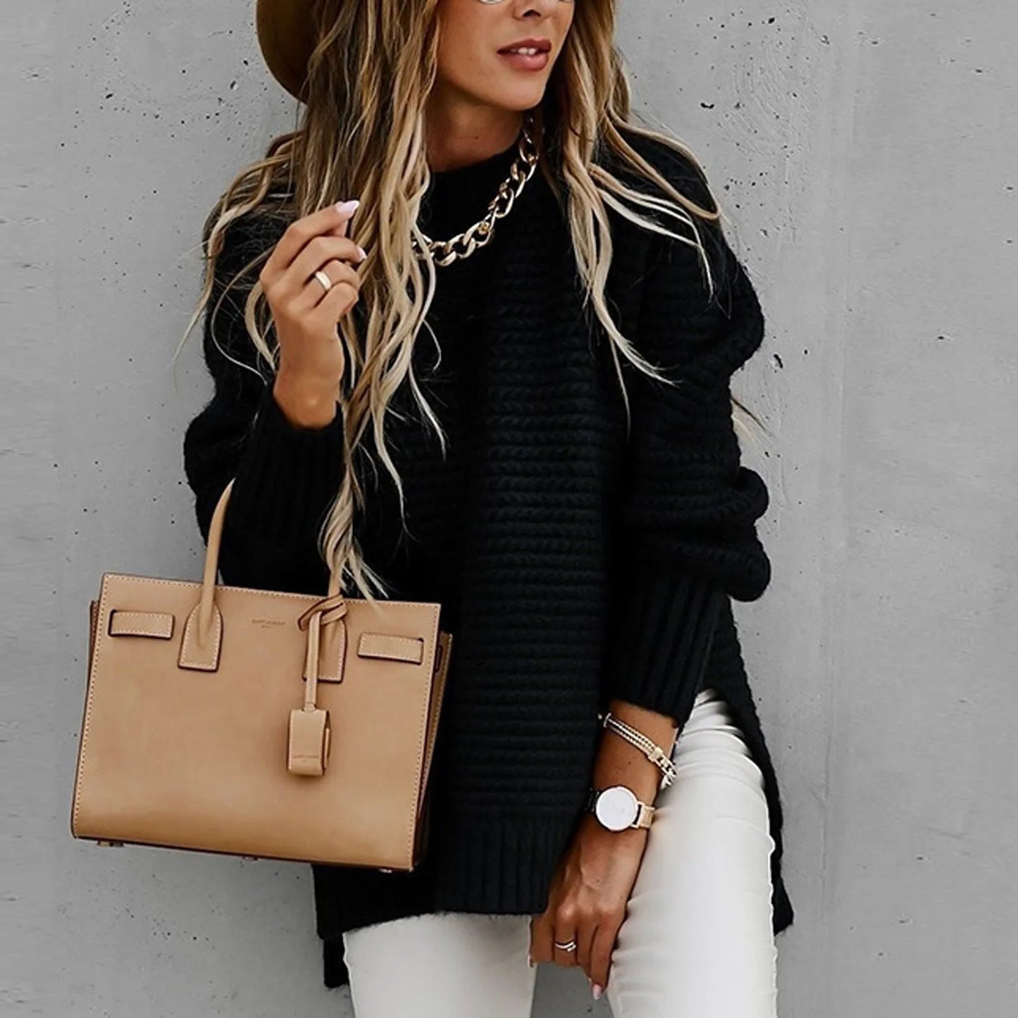 Ladies Long Sleeve Coarse Knit Sweaters Fashion One Knit Tops Sweet Style Irregular Acrylic Blend Long Sleeve Mid-Length