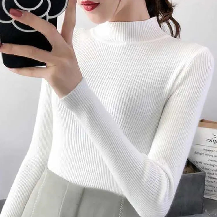 Early Spring, Autumn Winter Mock Neck Women Sweater Vintage Basic Solid Knitted Tops Casual Slim Pullover Korean Sweaters Simple Chic Jumpers