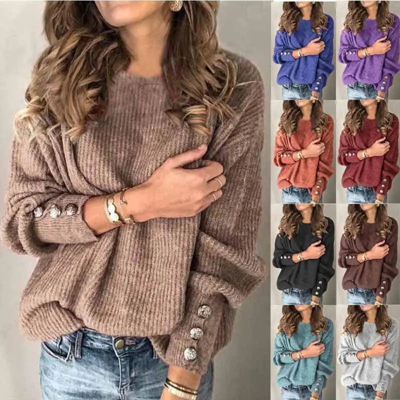 Women's Long Sleeve round Neck Button Sweater Top T-shirt Clean Fit City Walk Linen Blend Princess Sleeve