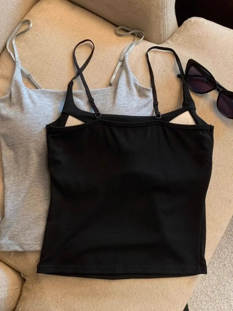 New Women's Slim Fit Tank Top Pure Color Summer Outerwear with Chest Pad Versatile Casual Wear