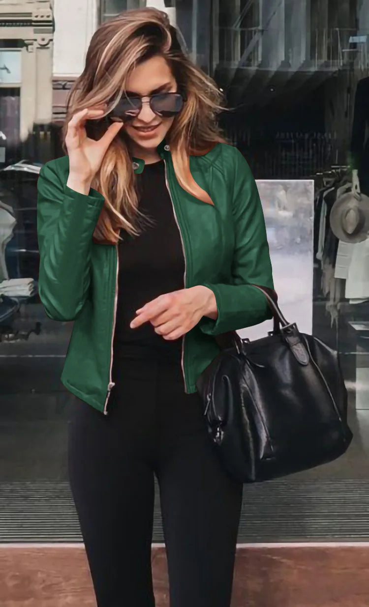 KIDCRKJ Spring Autumn Women's Leather Jacket Solid Color Zipper Female PU Suit Jacket O-neck Casual Jacket Women's Outwears