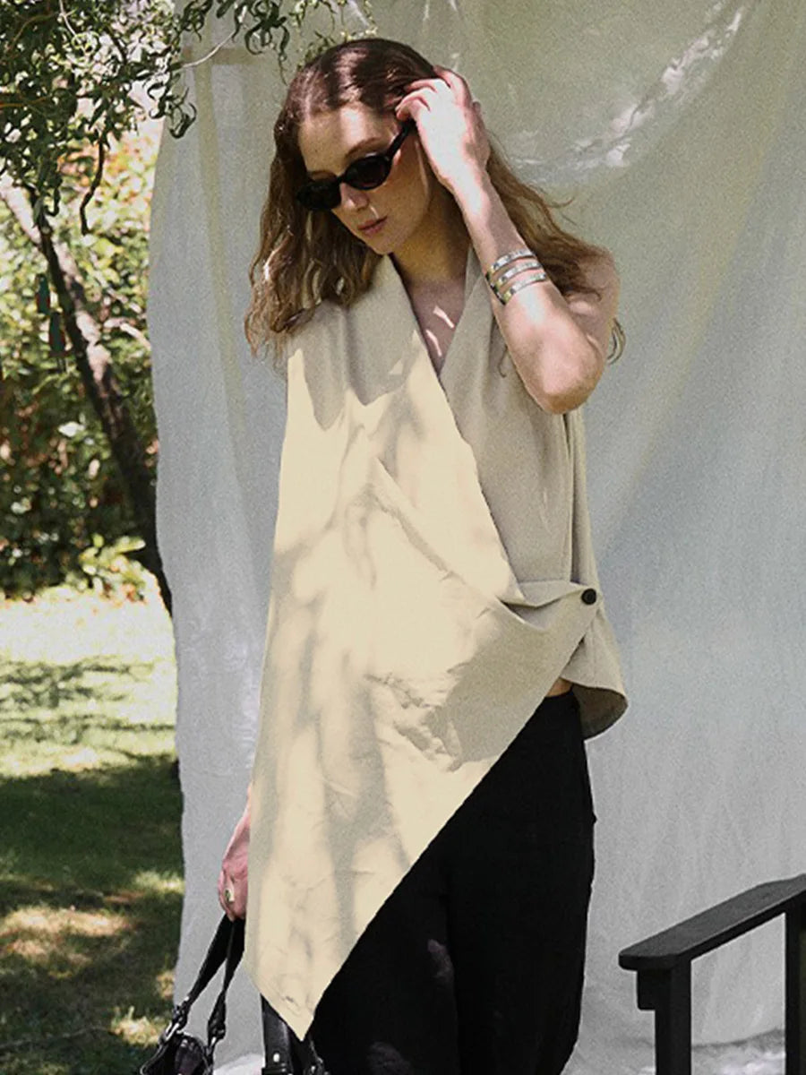 2026 Summer New Women  Sleeveless Irregular  Solid  Color, Button V-neck Vest Top