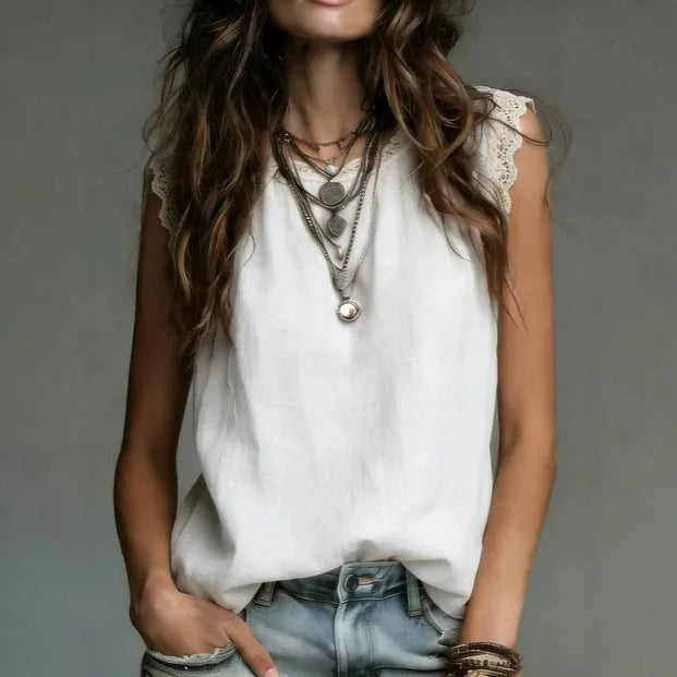 Women's Lace Trim Tank Top Summer Breathe Loose Casual Sleeveless Blouse Office Lady Solid Color Round Neck Basic Vest