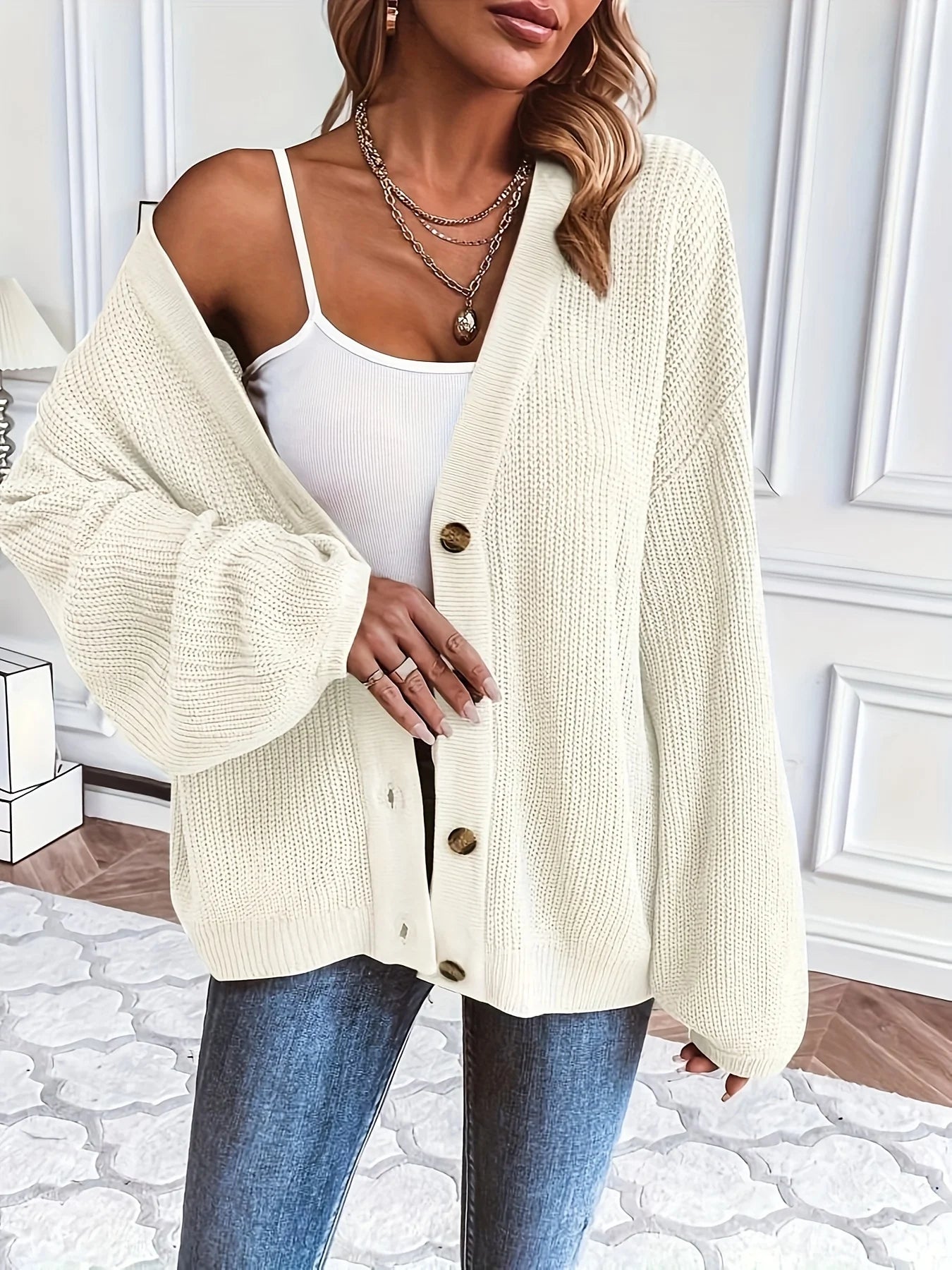 Fall-Winter 2026 New Casual V-Neck Loose Knit Cardigan Button Cardigan