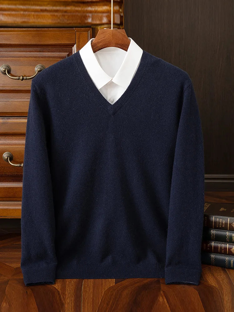 Fashion Men's 100% Cashmere Pullover Sweater V-neck Long Sleeve Thick Pullover Autumn Winter Smart Casual Cashmere Knit Clothing