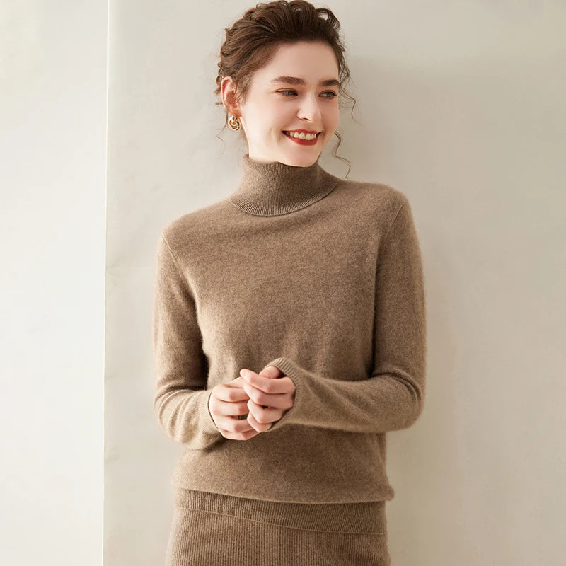 Cashmere Sweater Women's Turtleneck Long Sleeved Knitted Pullover 100% Pure Cashmere Base Sweater Korean Version Women's Top