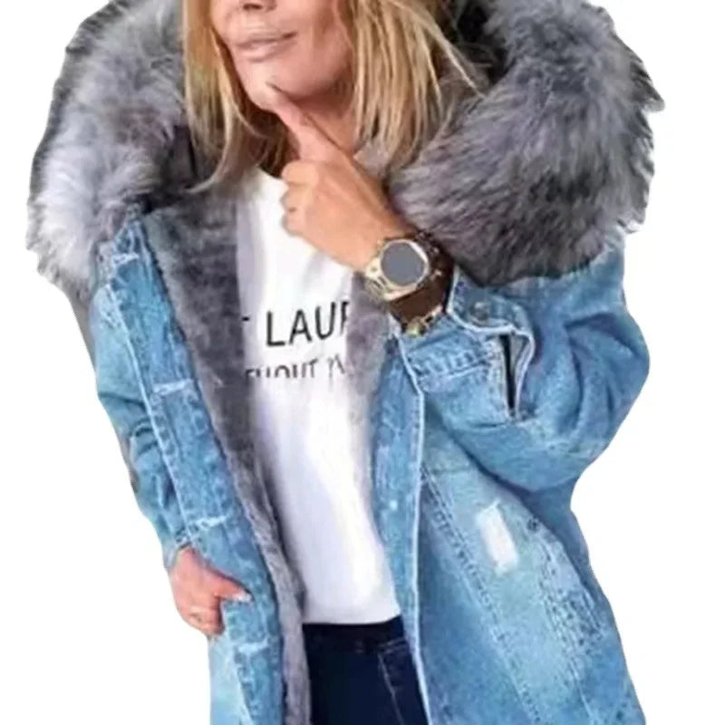Women's Denim Jacket Hole Design Thickened Autumn Winter New Style Cotton Casual Fashion Outerwear Upper Apparel