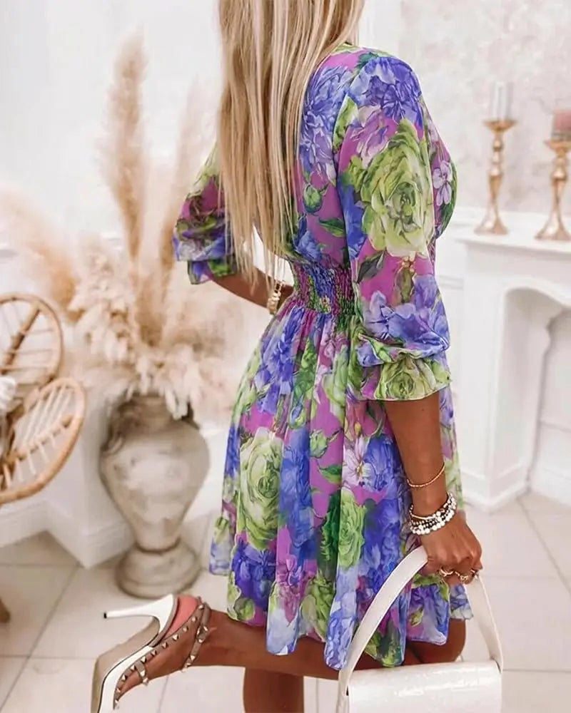 Women Floral Wrap Dress V-Neck High Waist Short Layered Summer Casual Beach Guest Dress