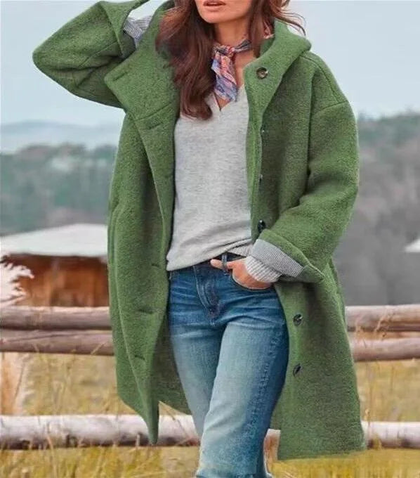 Women's Winter Hooded Long Sve Loose Fit  Color Coat Jaet Silk Knitted Thiened Outerwear for Autumn Season