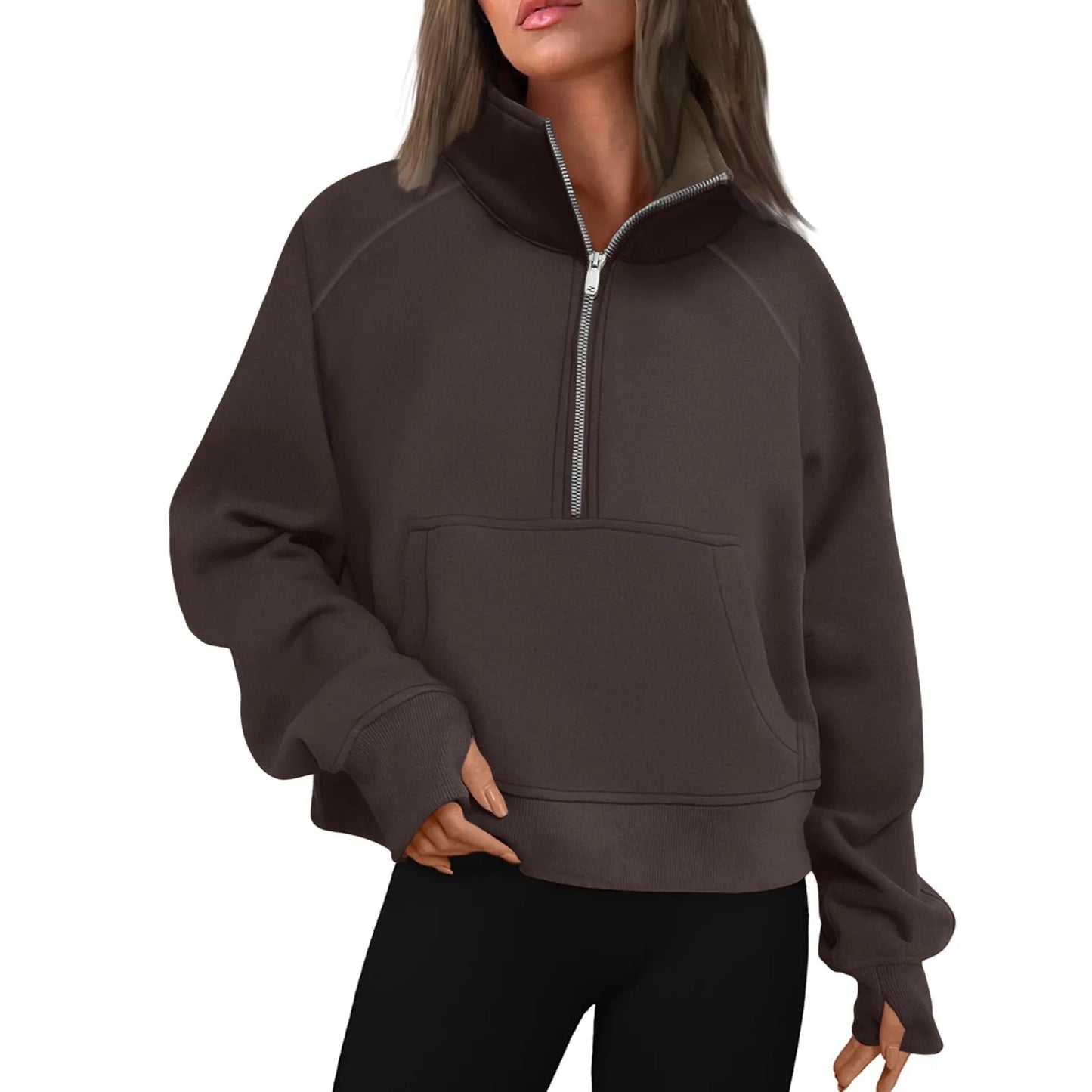 New Women's Hoodies Autumn Winter Stand Collar Plus Fleece Solid Color Sweatshirts Long Sleeve Pocket Loose Half Zip Pullover