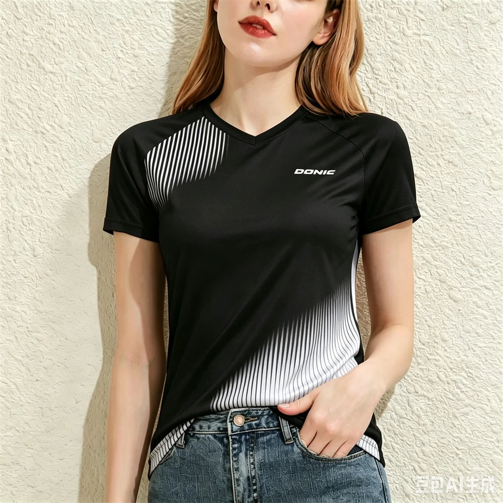 Summer Casual Women's T-shirts Table Tennis Sports Short Sleeve Tees Fashion V-neck Loose  Tops Running Training Female Clothing