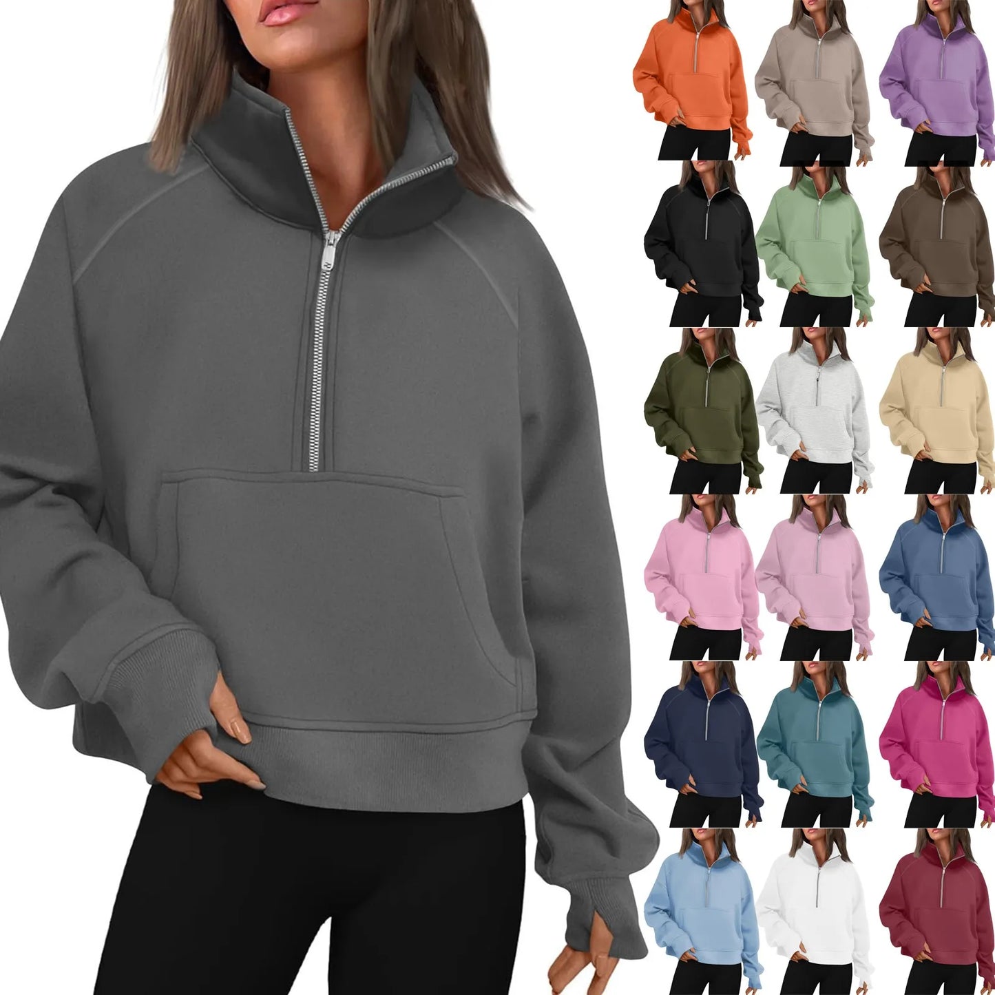 New Women's Hoodies Autumn Winter Stand Collar Plus Fleece Solid Color Sweatshirts Long Sleeve Pocket Loose Half Zip Pullover