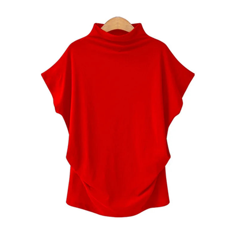 Women's Retro Solid Color T-Shirt Summer Turtleneck Short Sleeve Tees Fashion Loose Streetwear Female Pleated Top