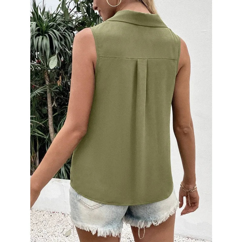 Women's V-Neck Button Chiffon Blouse Summer Lightweight Loose Casual Sleeveless Top Office Lady Solid Color Basic Vest