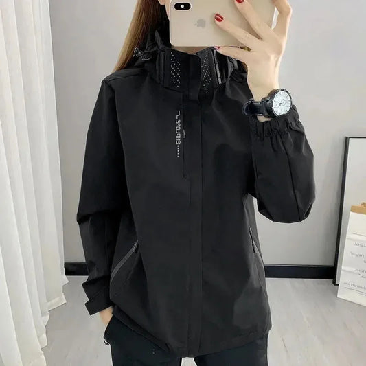 Autumn Spring Women Outdoor Jacket Windbreaker Waterproof Hooded Zipper Hiking Climbing Camping Casual Outwear Unisex Style