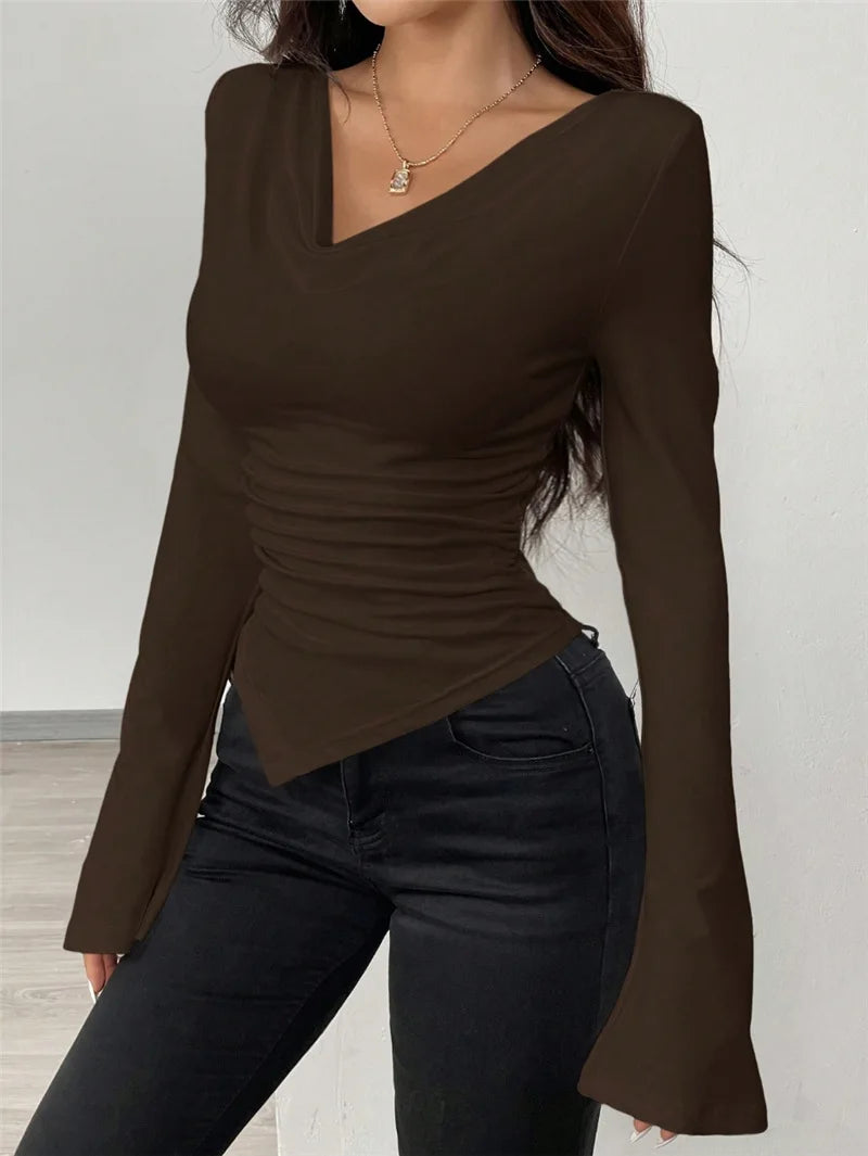 Women's V-Neck Ruched Long Sleeve T-Shirt Autumn Slim Fit Irregular Hem Top Flare Sleeve Fashion Solid Color Crop Top