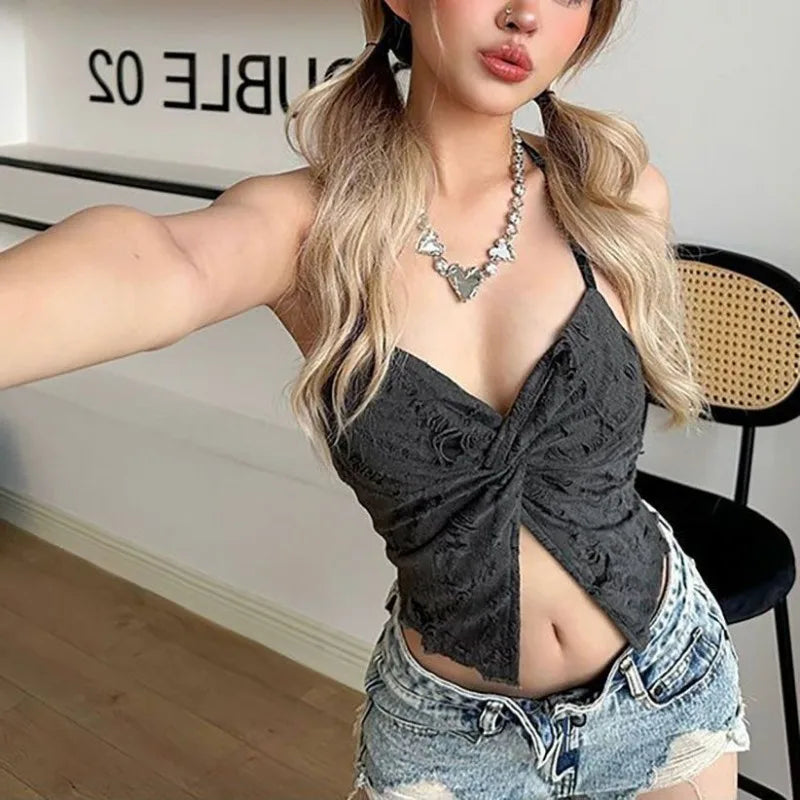 Sweet Spicy Girl Style Halter Top Backless V-neck Corset Crop Top Grey Pink Cami Women Summer Y2K Clothes New in 2026