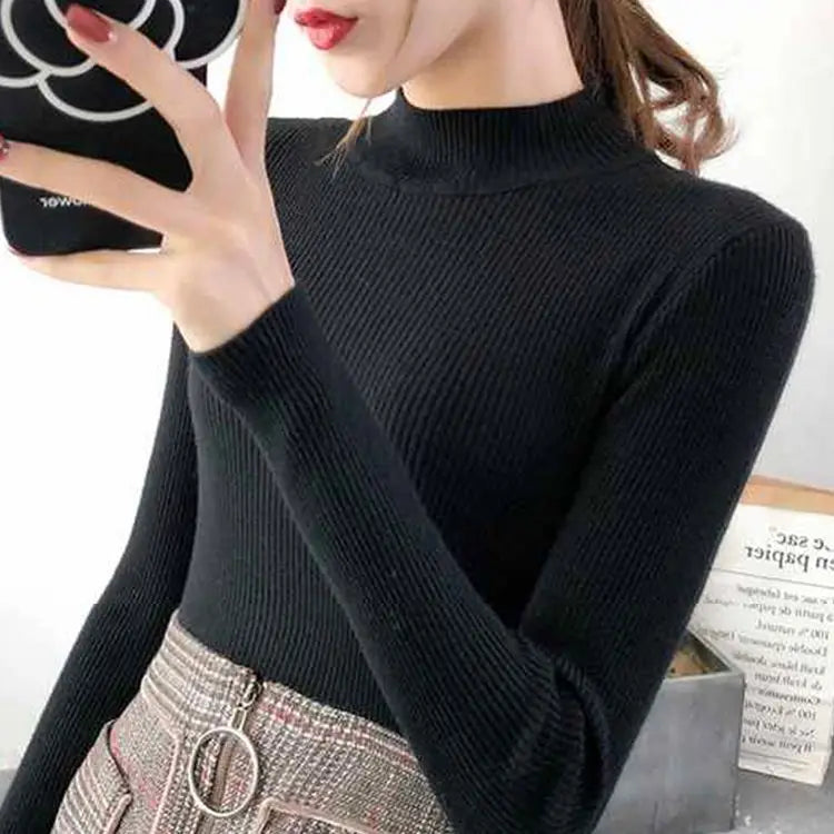 Early Spring, Autumn Winter Mock Neck Women Sweater Vintage Basic Solid Knitted Tops Casual Slim Pullover Korean Sweaters Simple Chic Jumpers