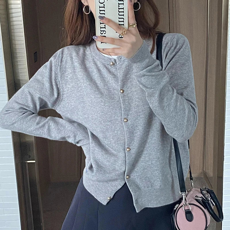 O Neck Basic Knitted Cardigan Women Spring Autumn Long Sleeve Button Solid Soft Sweater Korean Style Short Knitwear Tops Female