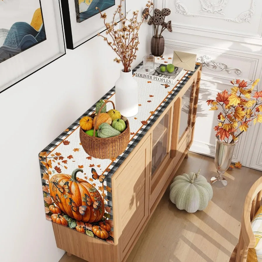 Linen Black and White Buffalo Check Plaid Fall Table Runner 72 Ihes Long Fall Leaves Pumpkin Butterfly Home Kitchen Table Decor
