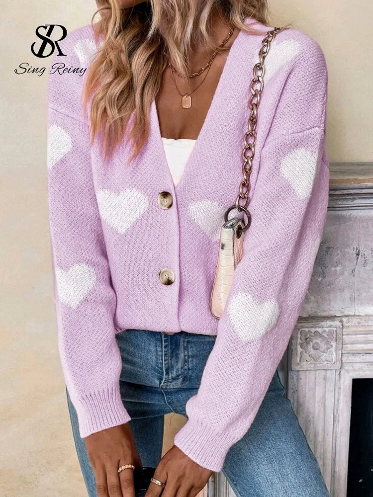 Sweet Love Knitted Cardigan Women 2026 Spring, Summer,  Autumn V-neck Print Warm Sweaters Long Sleeve Casual Loose Knitted Tops