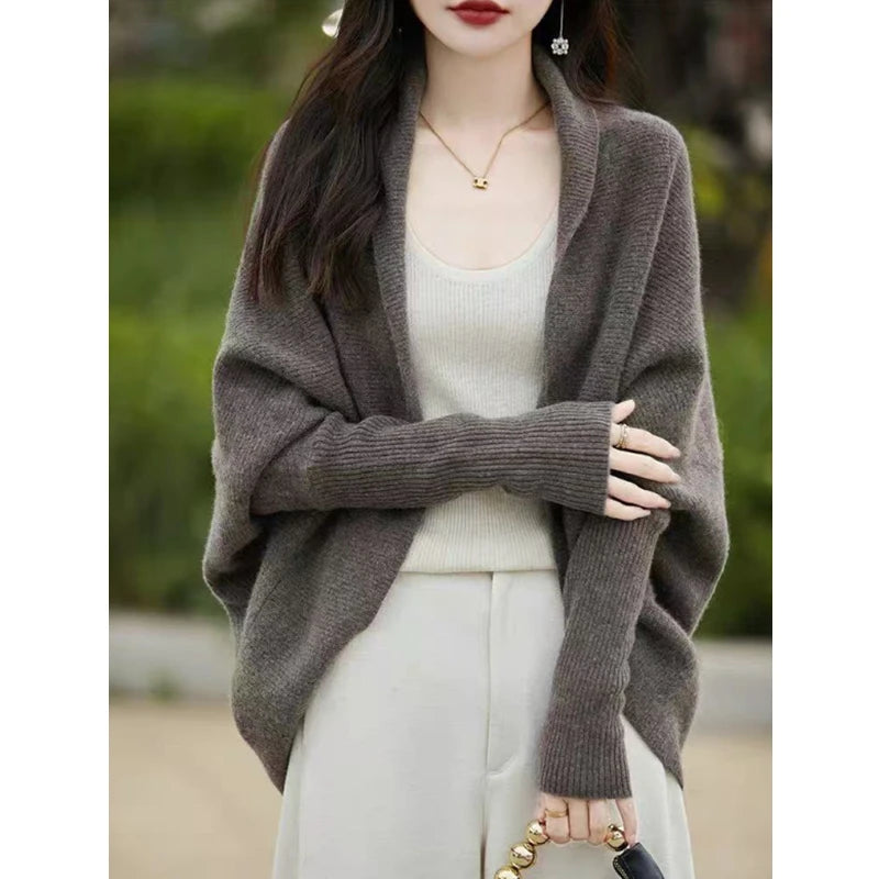 Winter Women Long Sleeve Batwing Sleeve Knitted Top Cardigan Loose Elegant Knitwear Vintage Shawl Autumn Outerwear