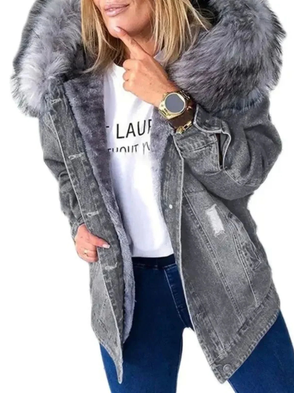 Warm Denim Jaet for Women Long Sve Hooded Street Sle Loose Fit Button Closure Pure Color Autumn Collection Coat