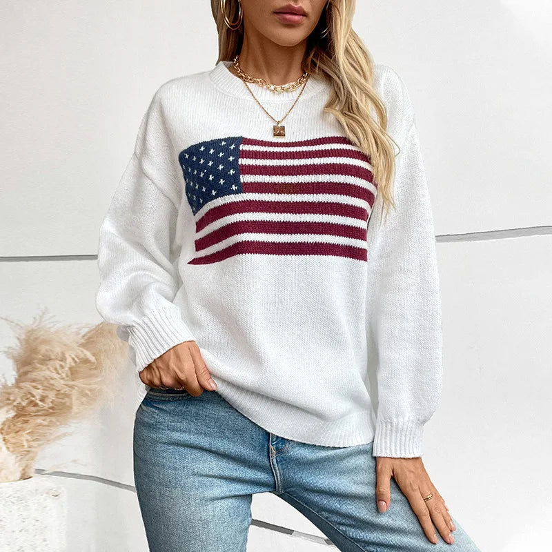 Women's sweater 2024 autumn and winter new American flag pullover crew neck cross-border knitted sweater women's clothing