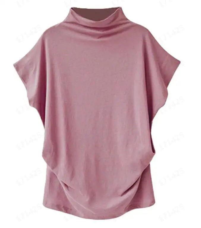 Women's Retro Solid Color T-Shirt Summer Turtleneck Short Sleeve Tees Fashion Loose Streetwear Female Pleated Top