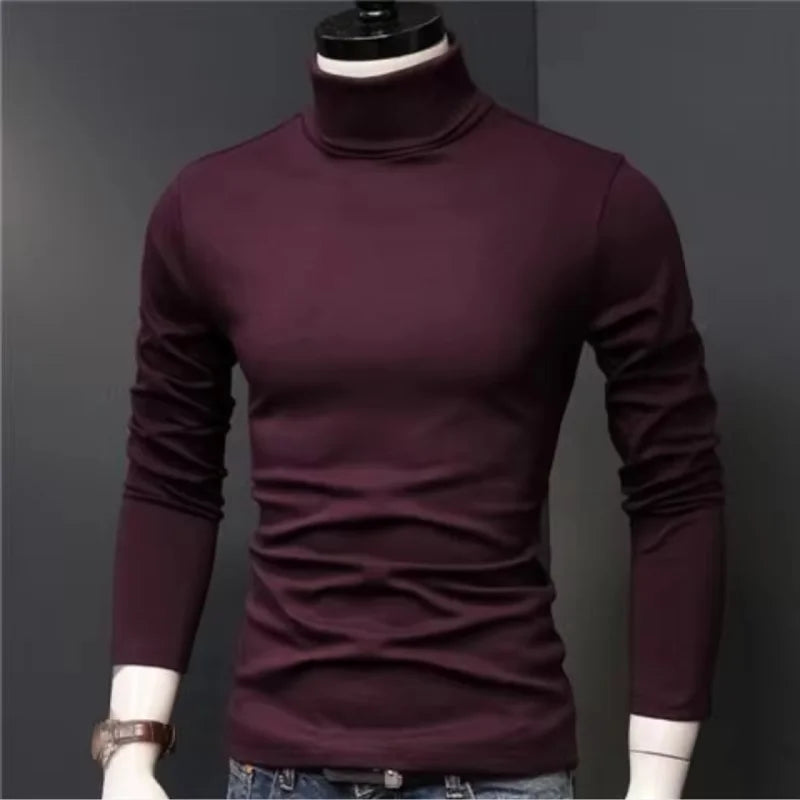 2025 Autumn New Men Mid To High Collar Warm Clothes Solid Color Outdoor Leisure  Male Running Slimming Long Sleeve Bottom Shirt