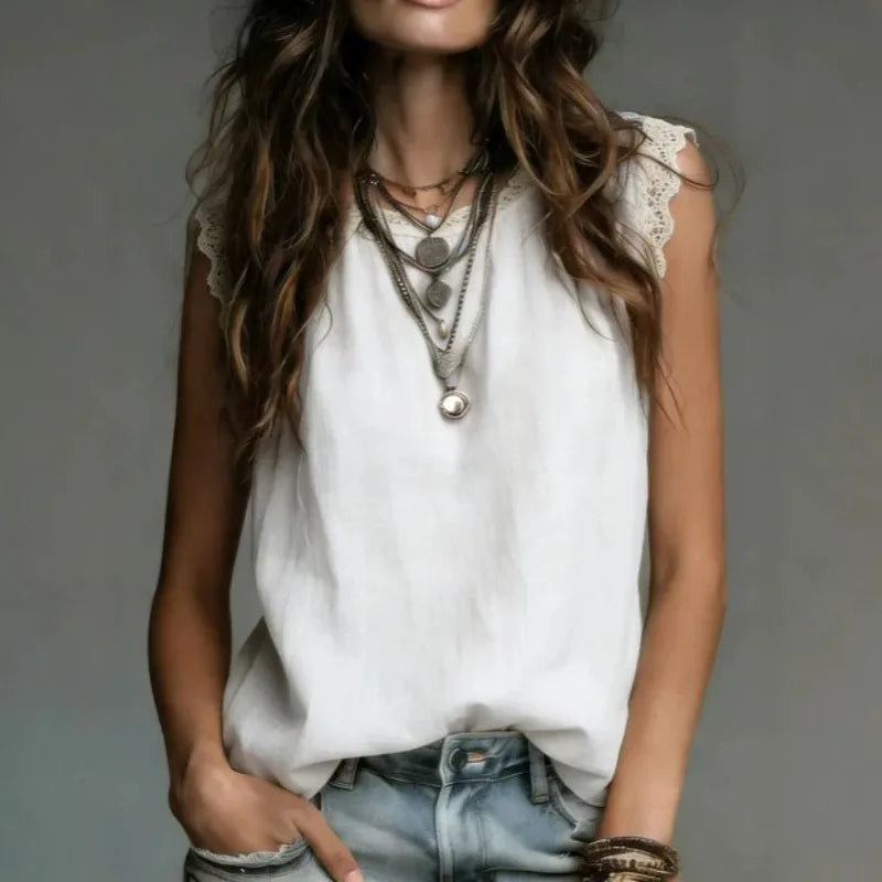 Women's Lace Trim Tank Top Summer Breathe Loose Casual Sleeveless Blouse Office Lady Solid Color Round Neck Basic Vest