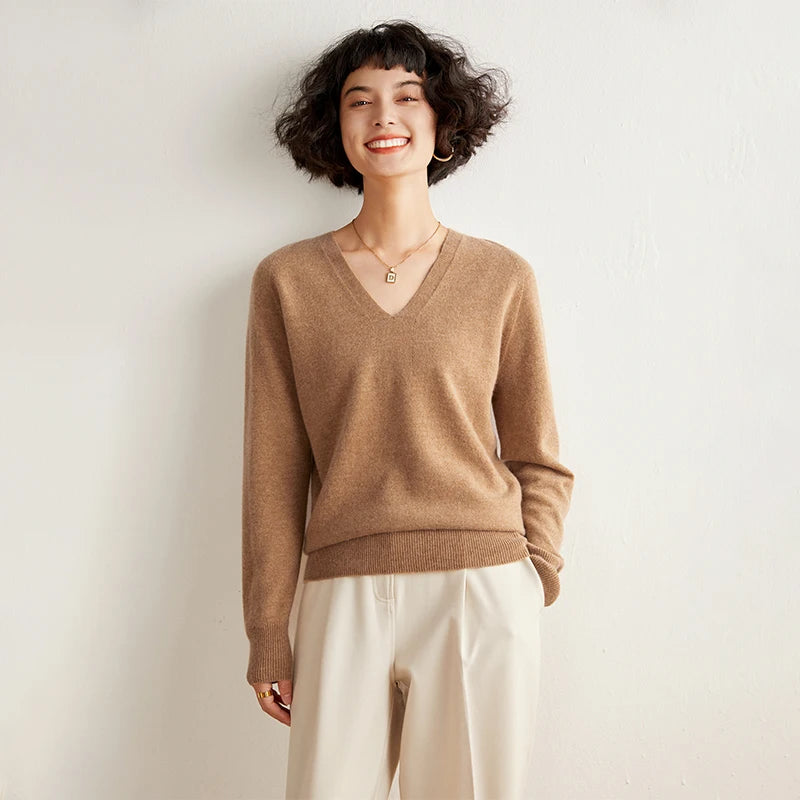 Autumn And Winter New Women's Cashmere Sweater 100% Pure Cashmere V-neck Knitted Pullover Long Sleeved Hot Selling Women's Top