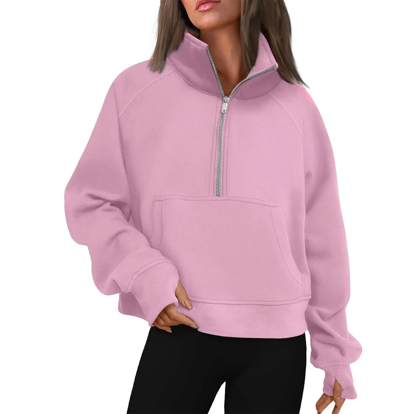 New Women's Hoodies Autumn Winter Stand Collar Plus Fleece Solid Color Sweatshirts Long Sleeve Pocket Loose Half Zip Pullover
