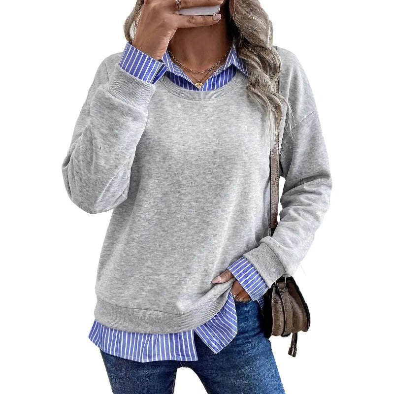 Women's Casual Fake Two Piece Sweatshirt Contrast Collar Striped Patchwork Long Sleeve Crewneck Pullover Top Spring, Autumn, Winter