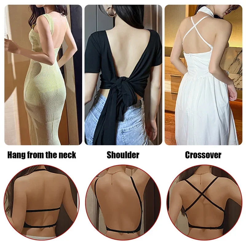 Women Invisible Bra Deep U Plunge Bras Backless Top for Dresses Sexy Lingerie with Transparent Strap Push Up Strapless Underwea