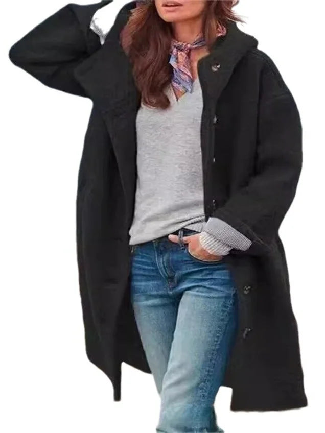 Women's Winter Hooded Long Sve Loose Fit  Color Coat Jaet Silk Knitted Thiened Outerwear for Autumn Season