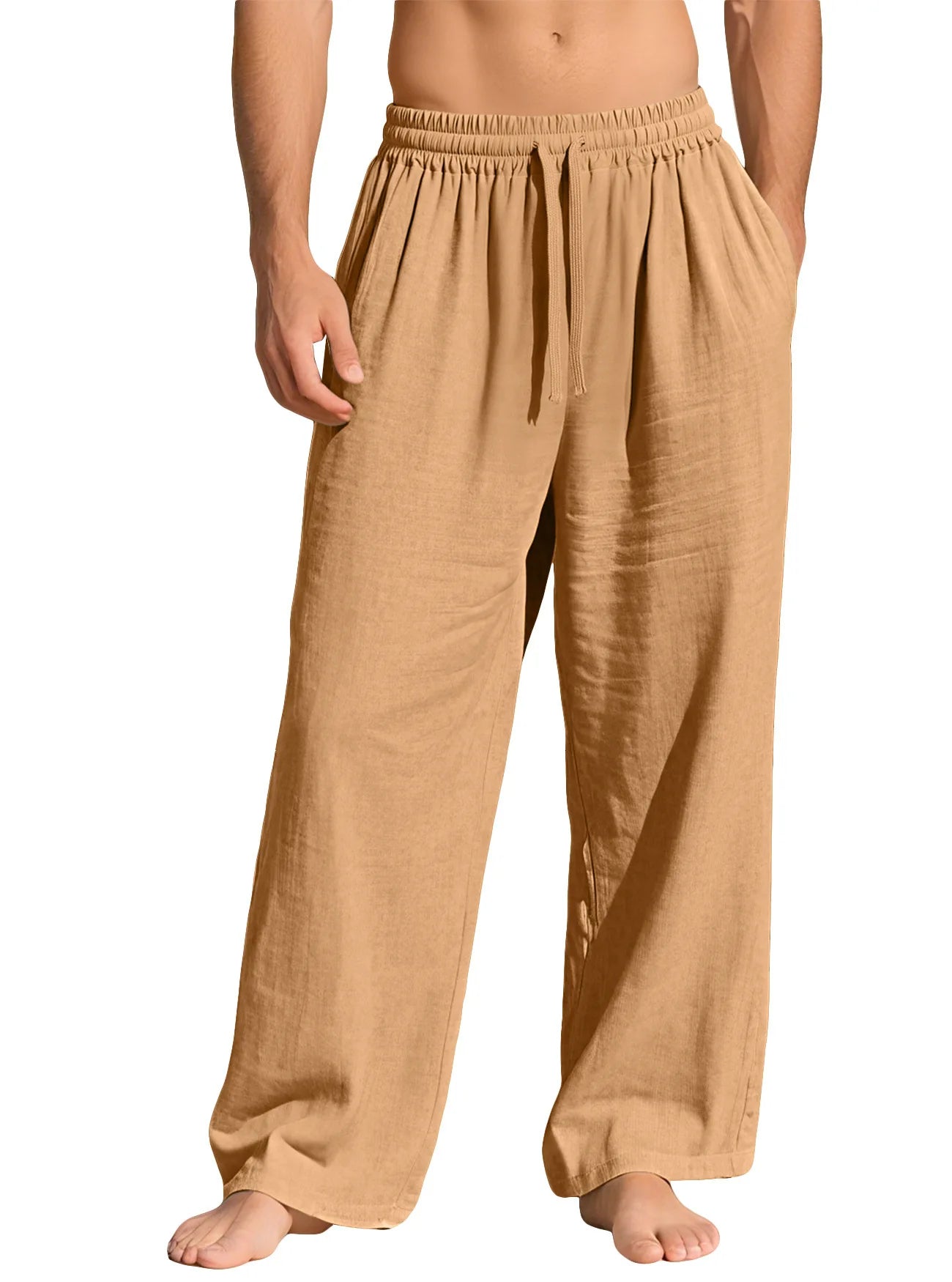 Men's Beige Linen Pants Casual Pants Summer Loose Fit Elastic Waist Straight Leg Pants Lightweight Casual Home Lounge Wear