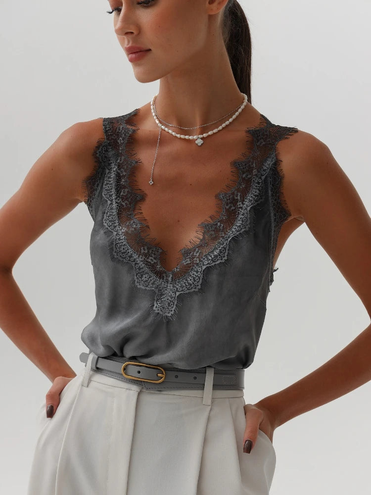 Summer Lace T-Shirt White Fashion Lace Patchwork Sleeveless Casual Tank Top Elegant Streetwear Party New Women'S Camis