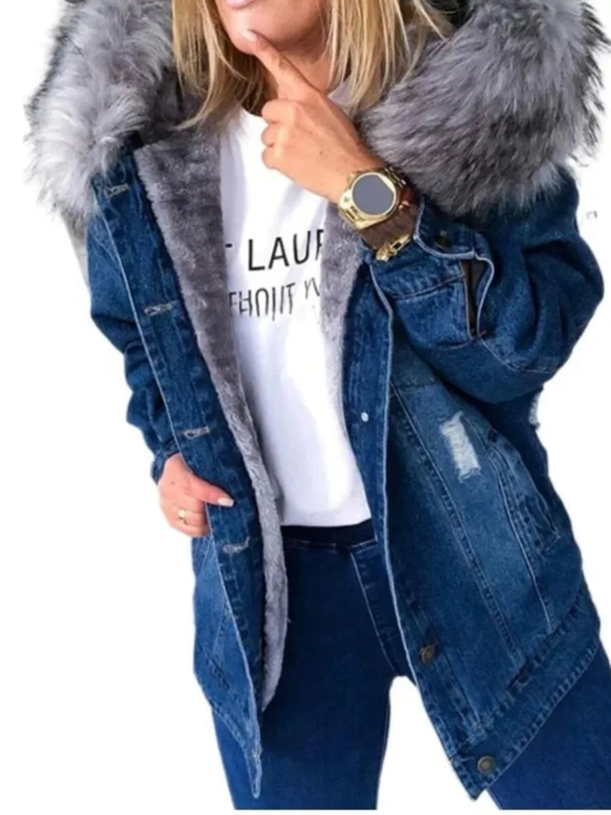 Warm Denim Jaet for Women Long Sve Hooded Street Sle Loose Fit Button Closure Pure Color Autumn Collection Coat