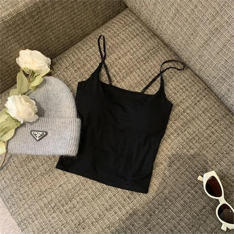New Women's Slim Fit Tank Top Pure Color Summer Outerwear with Chest Pad Versatile Casual Wear