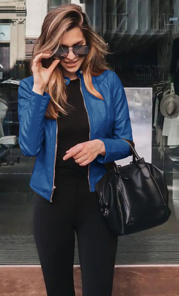 KIDCRKJ Spring Autumn Women's Leather Jacket Solid Color Zipper Female PU Suit Jacket O-neck Casual Jacket Women's Outwears