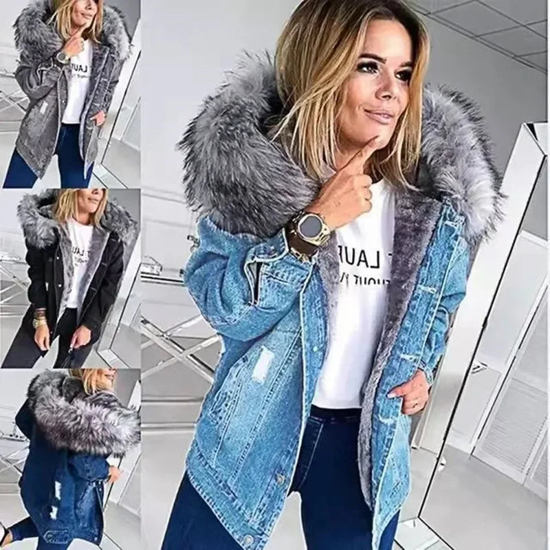 Women's Denim Jacket Hole Design Thickened Autumn Winter New Style Cotton Casual Fashion Outerwear Upper Apparel