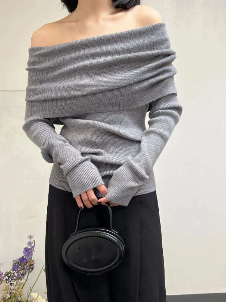2026 Elegant Vintage Knitted Solid Jumper Autumn Winter Off Shoulder Women Sweaters High Stretch Top Soft Chic Pullovers