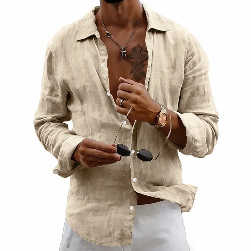 Men’s Long Sleeve Linen Shirt Button Down Casual Beach Vacation Top 2026
