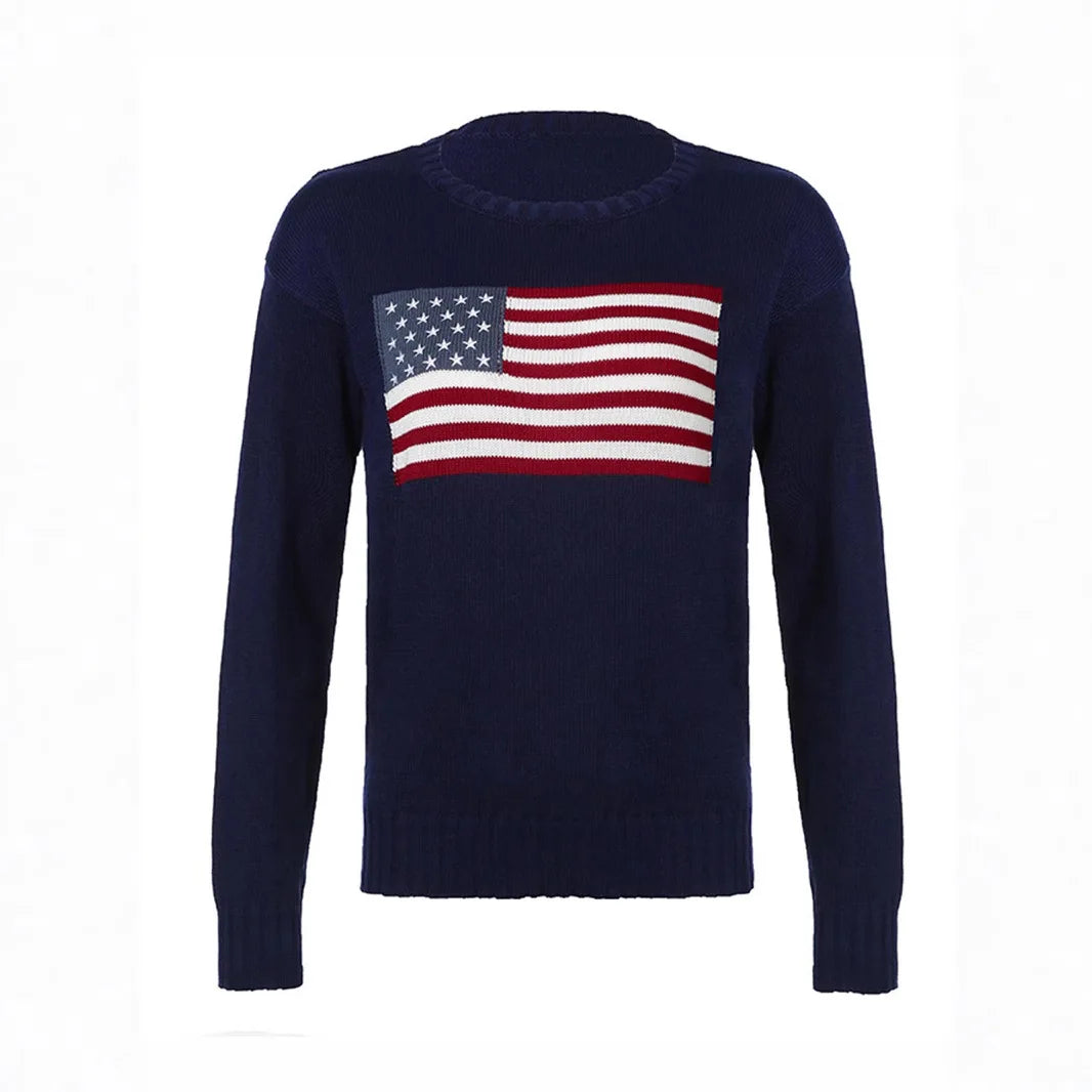 Retro National Flag Long Sleeve Crew Neck Knitted Sweater Autumn Winter Women's High-End Feeling Top Loose Fit Single Piece