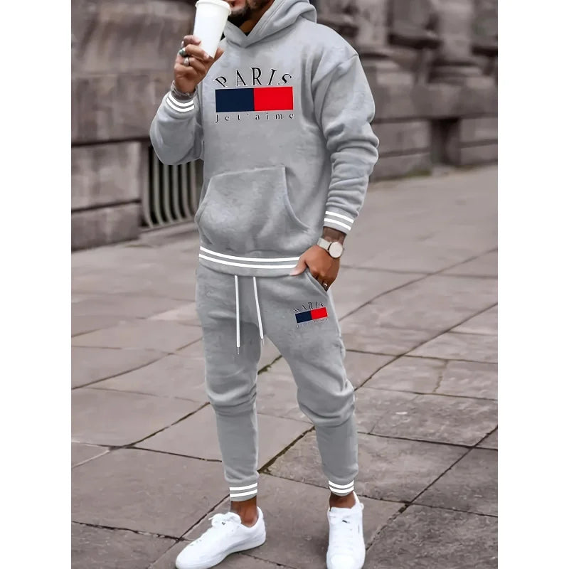 2SetPARISPrinted Men's Spring and Autumn Sports Suit，Men's Hooded Sweatshirt with Kangaroo Pocket and Drawstring Sweatpants Set