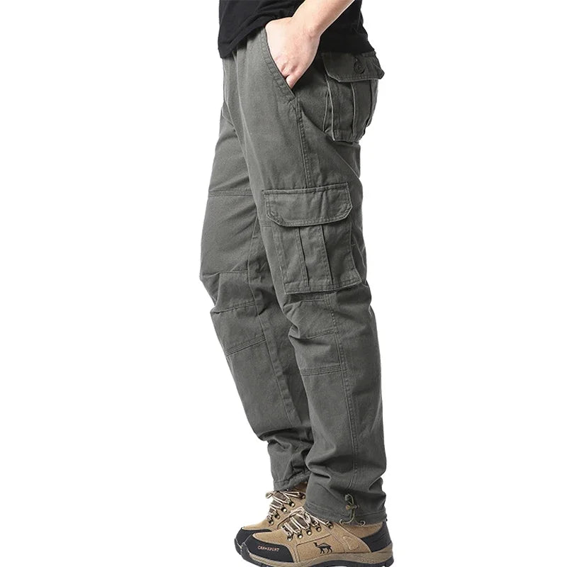 Large Pocket Loose Overalls Men's Outdoor Sports Jogging Tactical Pants Elastic Waist Pure Cotton Casual Work Pants 2026