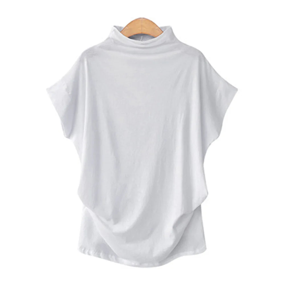 Women's Retro Solid Color T-Shirt Summer Turtleneck Short Sleeve Tees Fashion Loose Streetwear Female Pleated Top