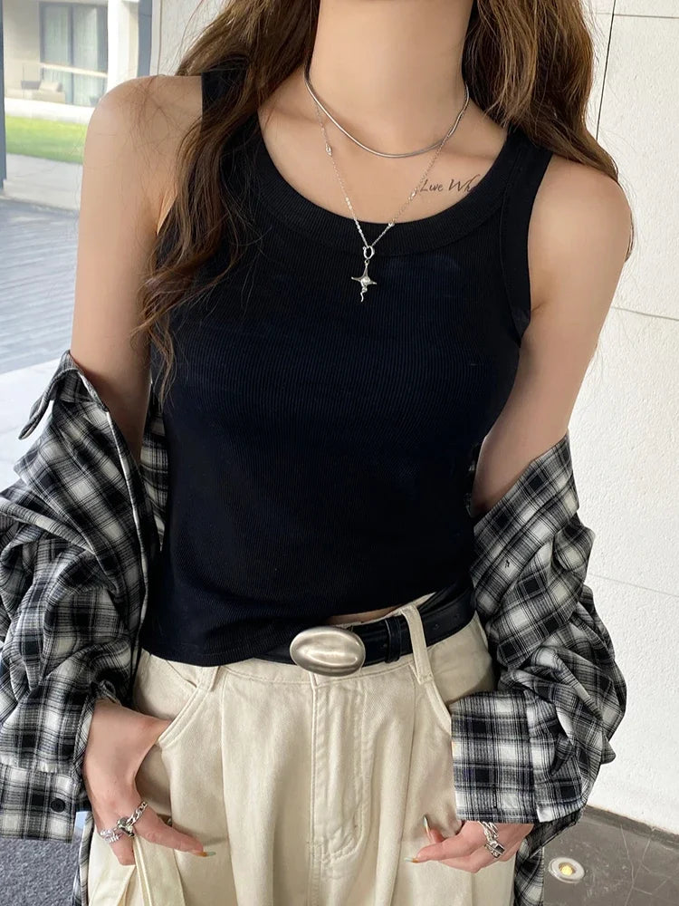 zjaiss Women Solid Round Neck Ribbed Tank Top Camisole Women Summer Basic Elastic Tank Top O Neck Solid Tank Top 2026